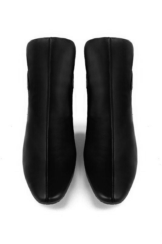 Satin black women's ankle boots with buckles at the back. Round toe. Medium block heels. Top view - Florence KOOIJMAN
